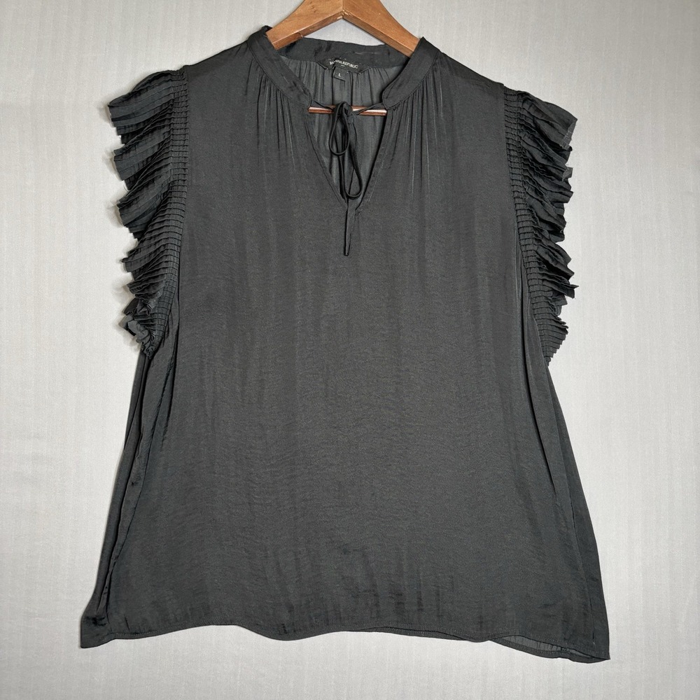 Banana Republic Black Pleated Ruffle Sleeve Tie Neck Top Women Large Romantic